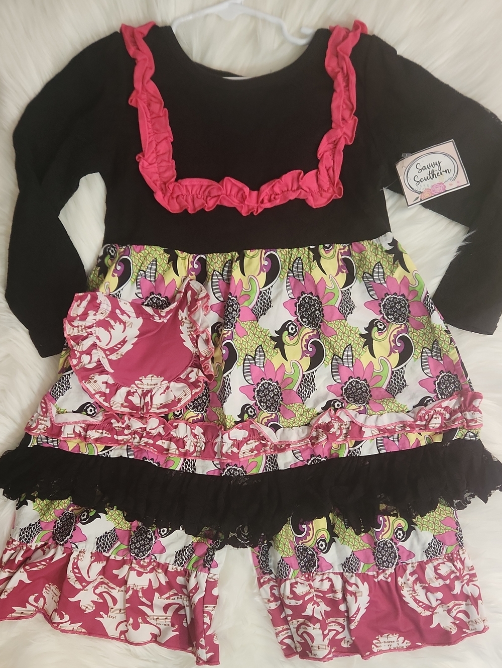 2 Pc Ruffle Set Long Sleeve Flare Pants - Color: Black/pink - Girls Size: 5-6